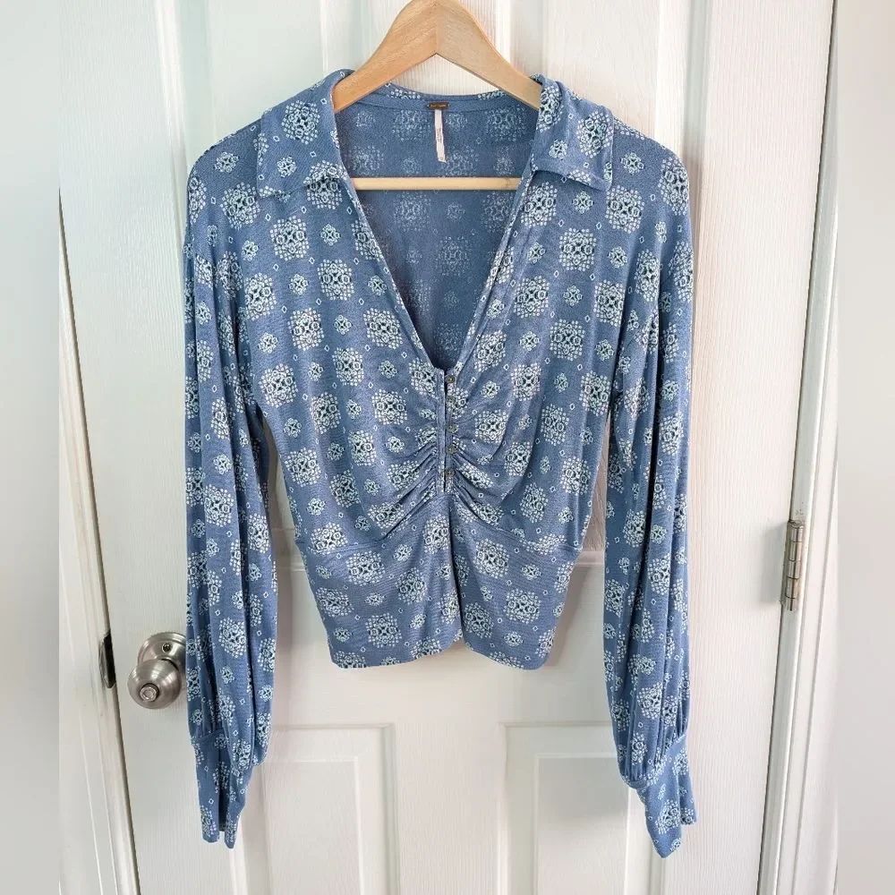 Free People Sydney Long Sleeve Top Blue XS